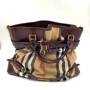 Burberry Burgundy Leather Large Bridle House Check Tote